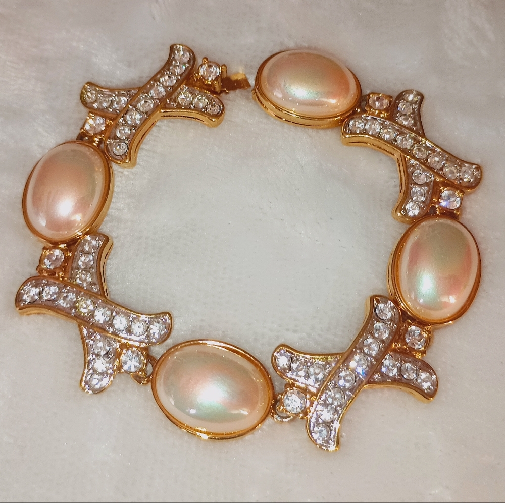 Vintage Nolan Miller X’s And O’s Gold Tone, Crystal Faux Pearl Bracelet